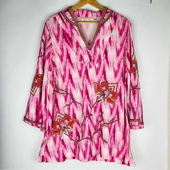 Soft Surroundings Altea Top Floral Embroidered Beaded Tie Dye V-Neck Tunic - Picture 3 of 11